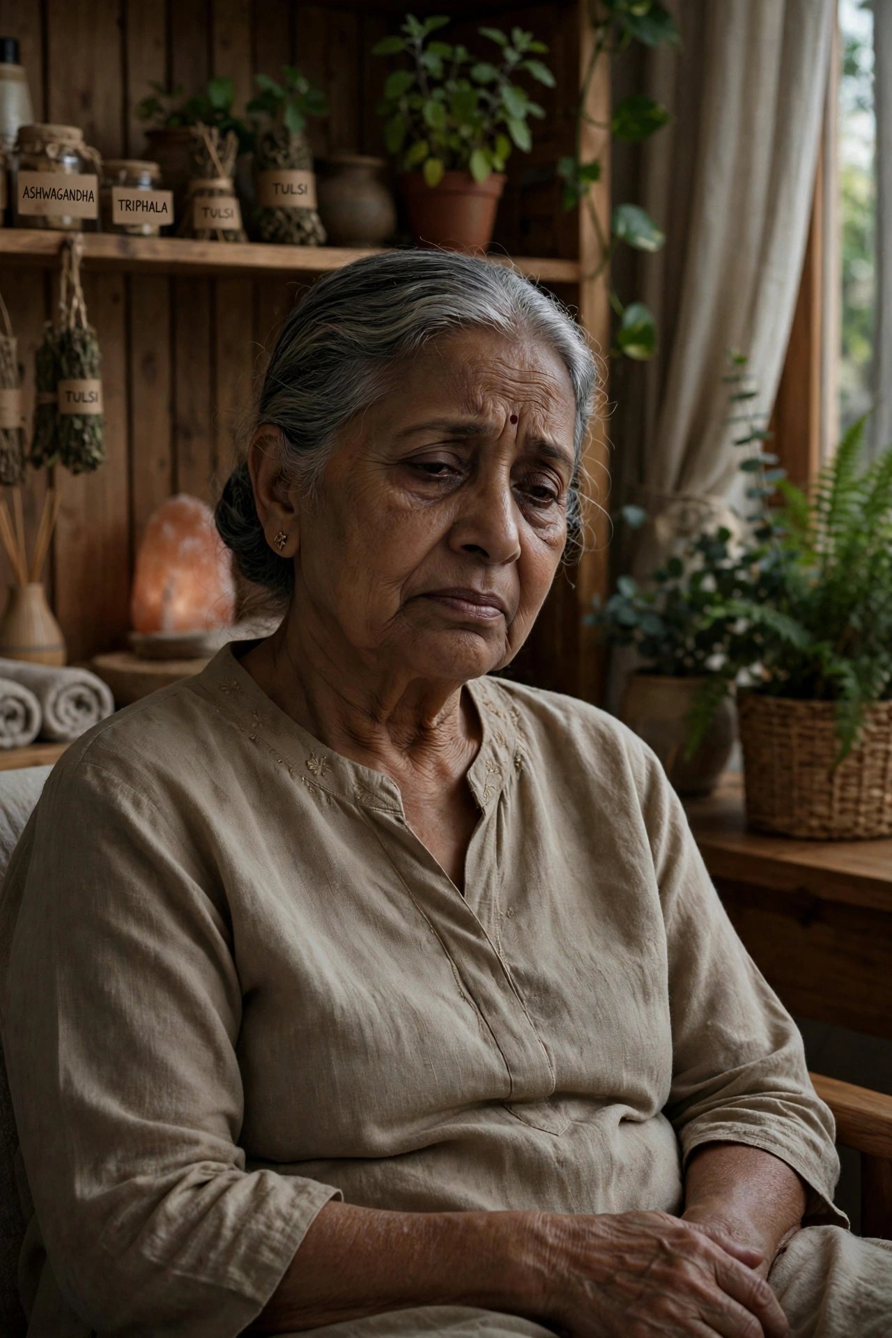 Woman looking weary and drained in a wellness room